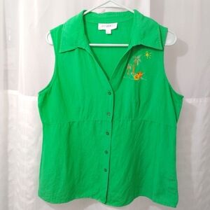Studio I Sleeveless Tank Top Vest Linen Blend Green Button Up Embroidery  Sz 14